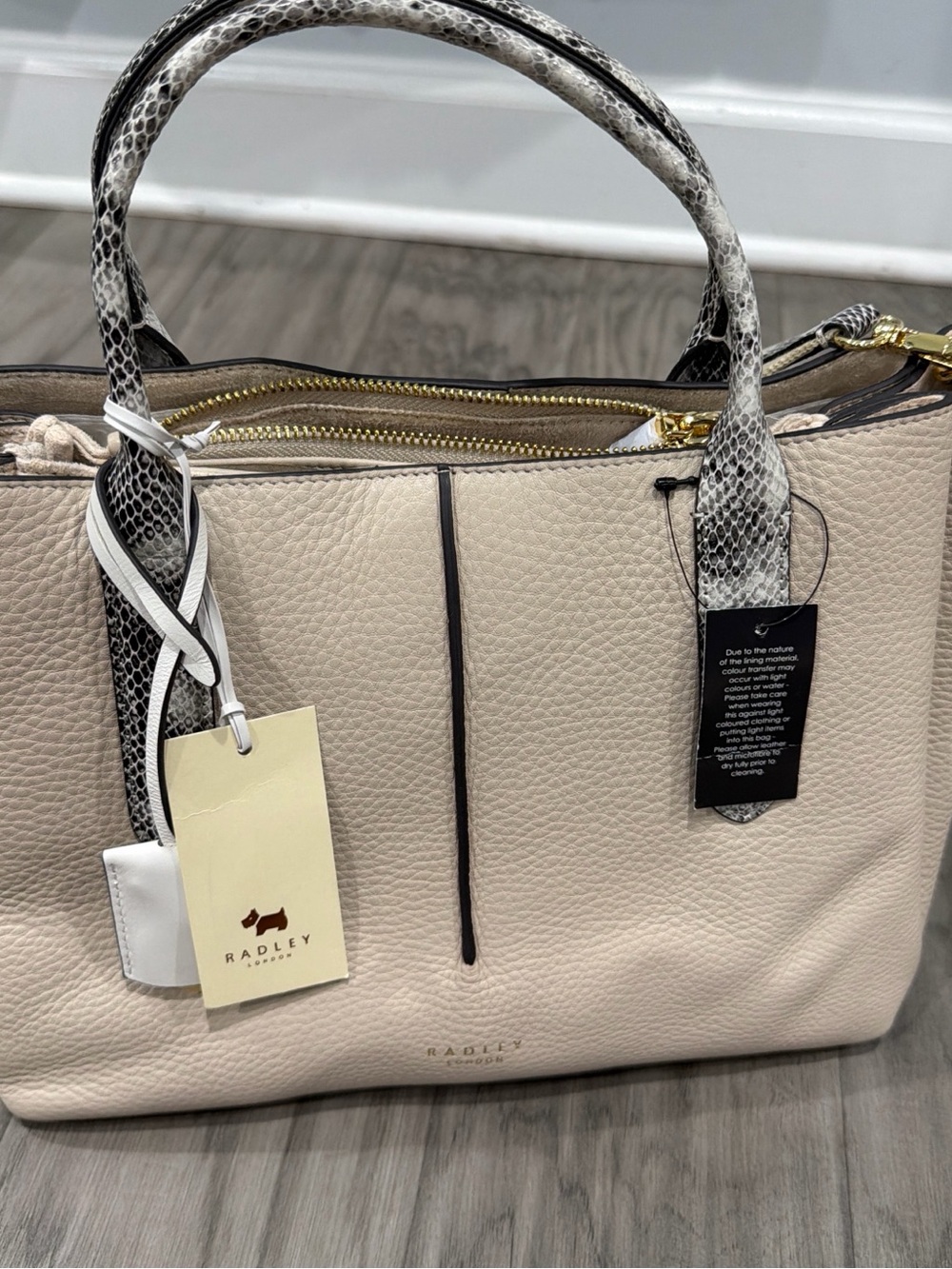 RADLEY LONDON Cream Pebble Leather Tote with Snake-Print Handles
